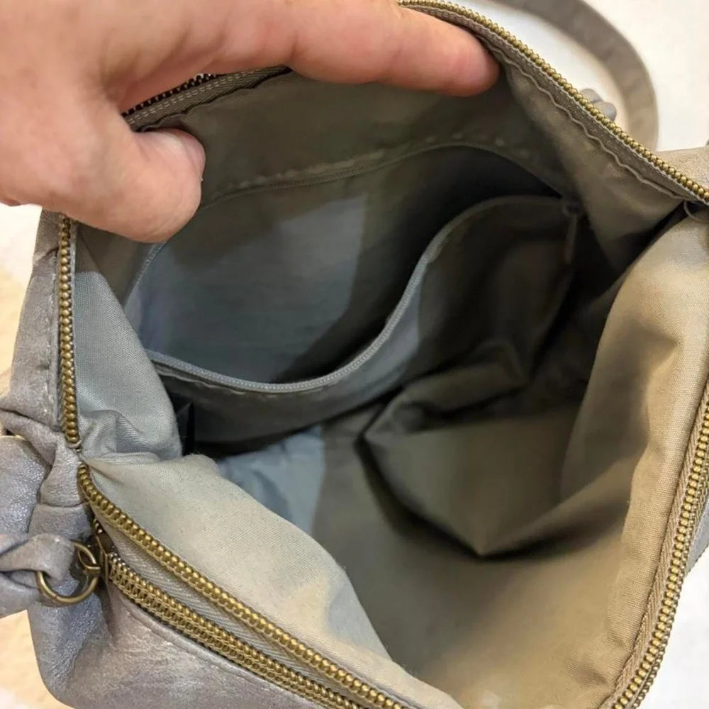 Stone Mountain Grey Vegan Faux Leather Hobo Crossbody Bag